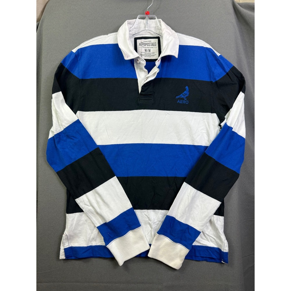 Aeropostale Men's Striped Rugby Shirt Blue Black White Long Sleeve Polo Size M